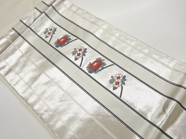 縞に花葉模様織出し名古屋帯